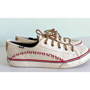 Keds Championship Series Canvas Sneakers Baseball White Shoes Red Stitch SZ 8.5